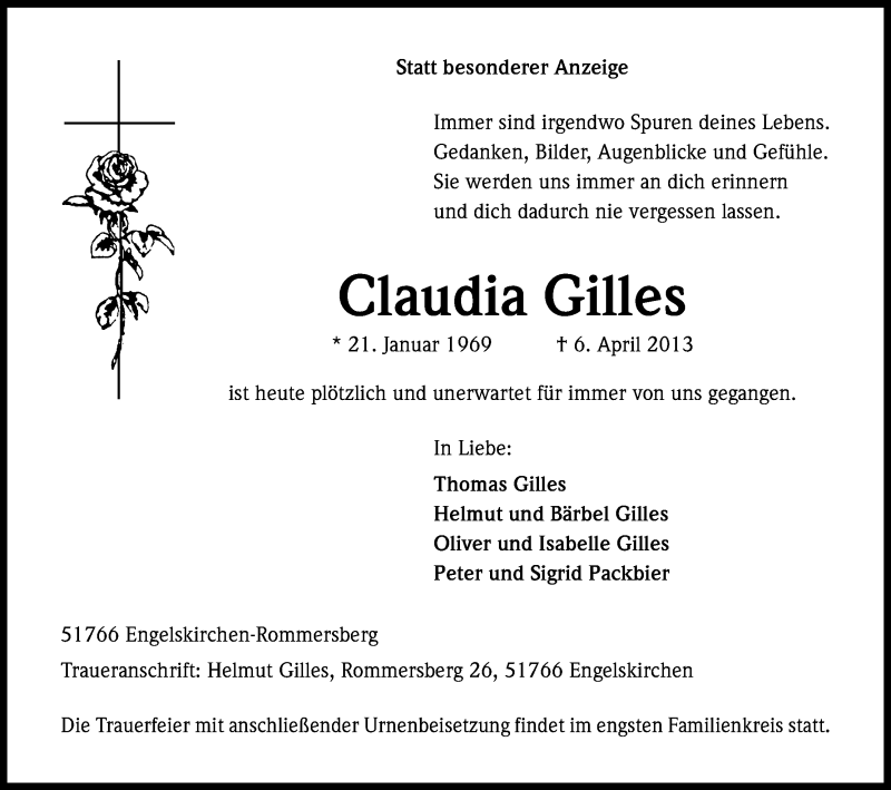  Traueranzeige für Claudia Gilles vom 10.04.2013 aus Kölner Stadt-Anzeiger / Kölnische Rundschau / Express