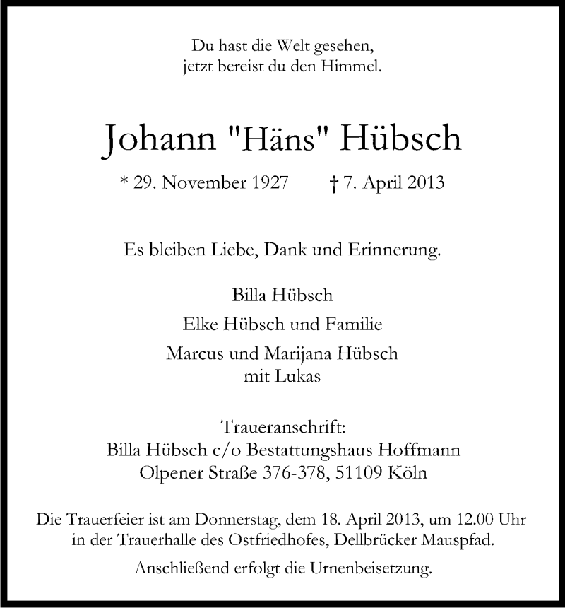  Traueranzeige für Johann Hübsch vom 13.04.2013 aus Kölner Stadt-Anzeiger / Kölnische Rundschau / Express
