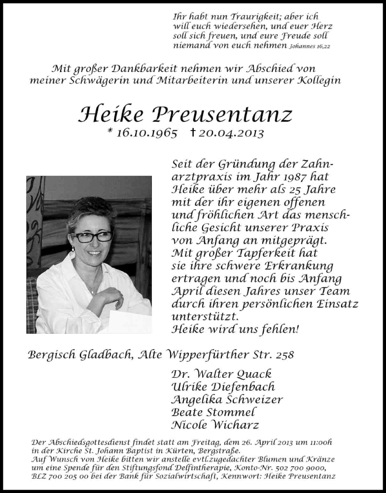  Traueranzeige für Heike Preusentanz vom 25.04.2013 aus Kölner Stadt-Anzeiger / Kölnische Rundschau / Express