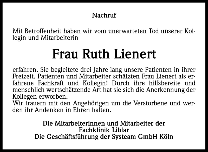  Traueranzeige für Ruth Lienert vom 29.04.2013 aus Kölner Stadt-Anzeiger / Kölnische Rundschau / Express