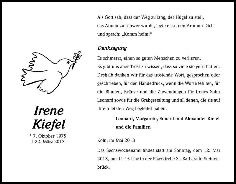  Traueranzeige für Irene Kiefel vom 04.05.2013 aus Kölner Stadt-Anzeiger / Kölnische Rundschau / Express