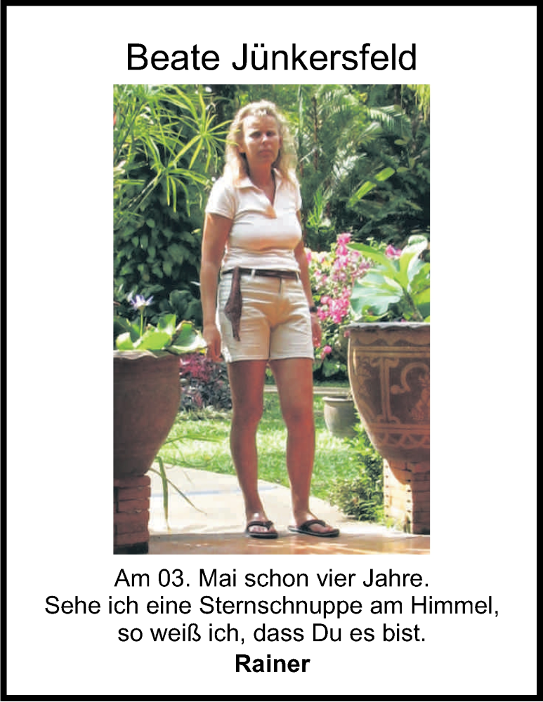  Traueranzeige für Beate Jünkersfeld vom 04.05.2013 aus Kölner Stadt-Anzeiger / Kölnische Rundschau / Express