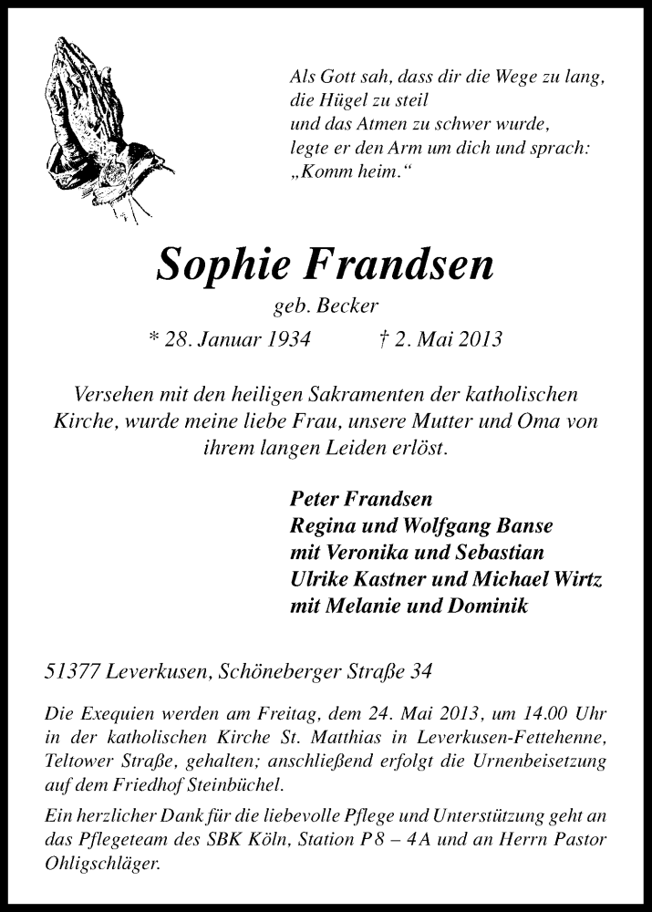  Traueranzeige für Sophie Frandsen vom 18.05.2013 aus Kölner Stadt-Anzeiger / Kölnische Rundschau / Express