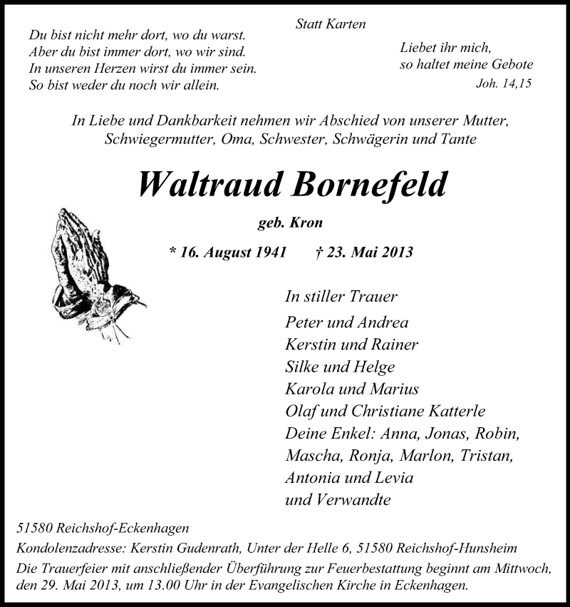  Traueranzeige für Waltraud Bornefeld vom 25.05.2013 aus Kölner Stadt-Anzeiger / Kölnische Rundschau / Express