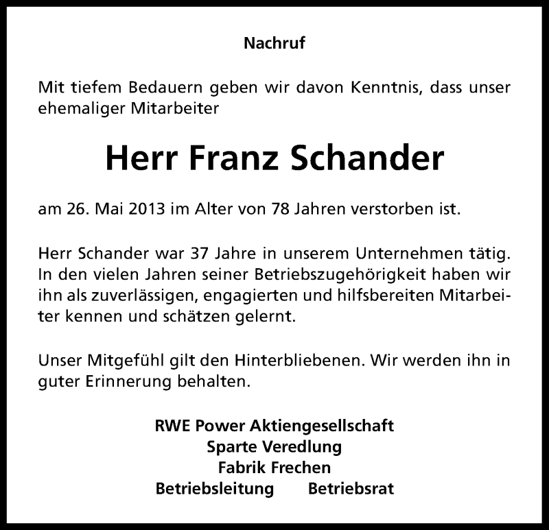  Traueranzeige für Franz Schander vom 12.06.2013 aus Kölner Stadt-Anzeiger / Kölnische Rundschau / Express