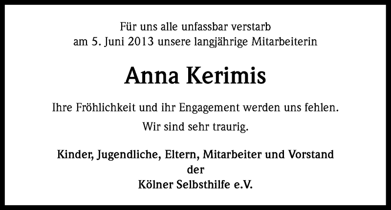  Traueranzeige für Anna Kerimis vom 15.06.2013 aus Kölner Stadt-Anzeiger / Kölnische Rundschau / Express