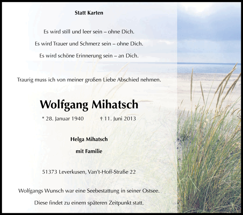  Traueranzeige für Wolfgang Mihatsch vom 15.06.2013 aus Kölner Stadt-Anzeiger / Kölnische Rundschau / Express