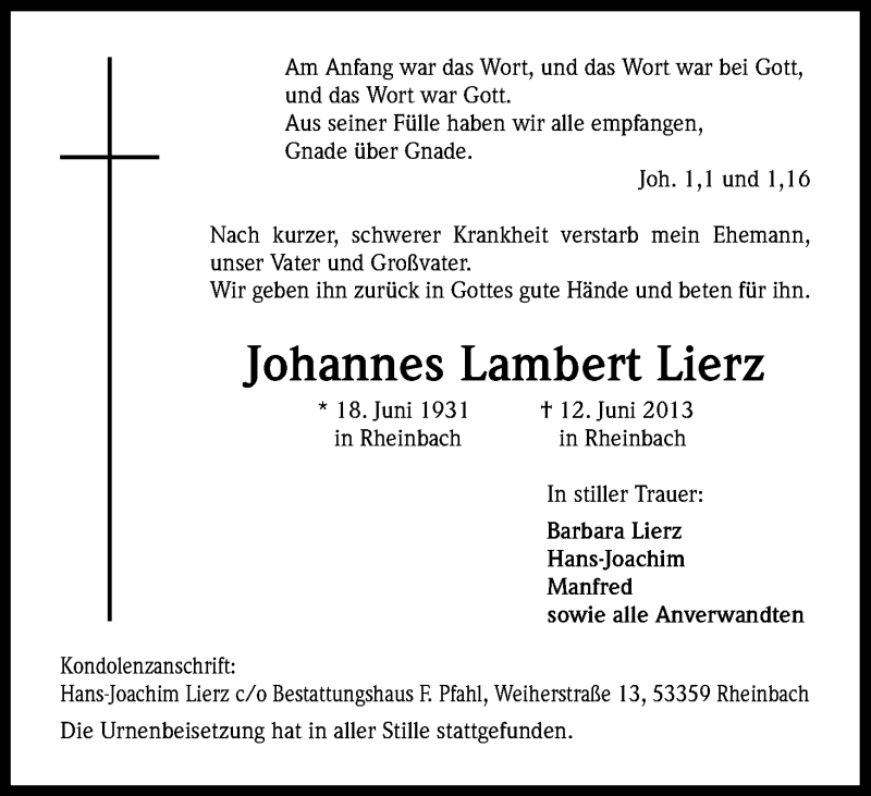  Traueranzeige für Johannes Lambert Lierz vom 22.06.2013 aus Kölner Stadt-Anzeiger / Kölnische Rundschau / Express