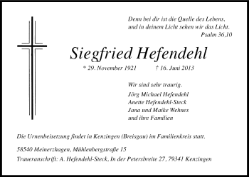 Anzeige von Siegfried Hefendehl von Kölner Stadt-Anzeiger / Kölnische Rundschau / Express