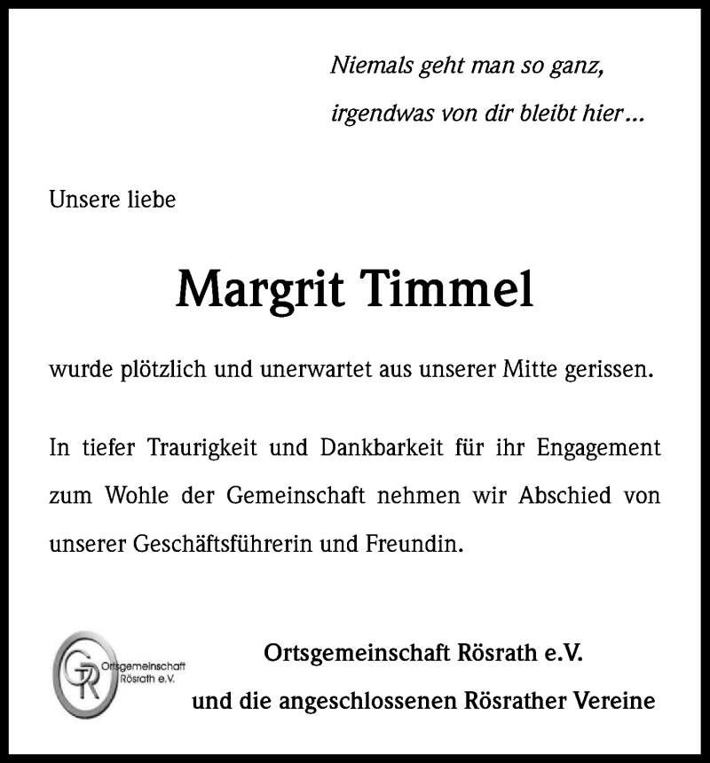  Traueranzeige für Margit Timmel vom 22.06.2013 aus Kölner Stadt-Anzeiger / Kölnische Rundschau / Express