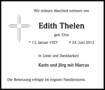 Anzeige von Edith Thelen von Kölner Stadt-Anzeiger / Kölnische Rundschau / Express
