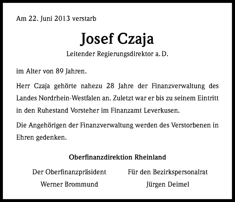  Traueranzeige für Josef Czaja vom 28.06.2013 aus Kölner Stadt-Anzeiger / Kölnische Rundschau / Express