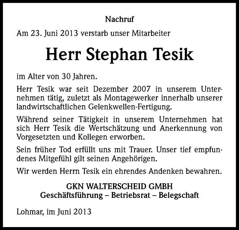  Traueranzeige für Stephan Tesik vom 28.06.2013 aus Kölner Stadt-Anzeiger / Kölnische Rundschau / Express