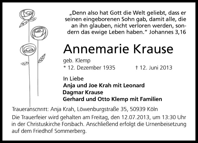  Traueranzeige für Annemarie Krause vom 06.07.2013 aus Kölner Stadt-Anzeiger / Kölnische Rundschau / Express