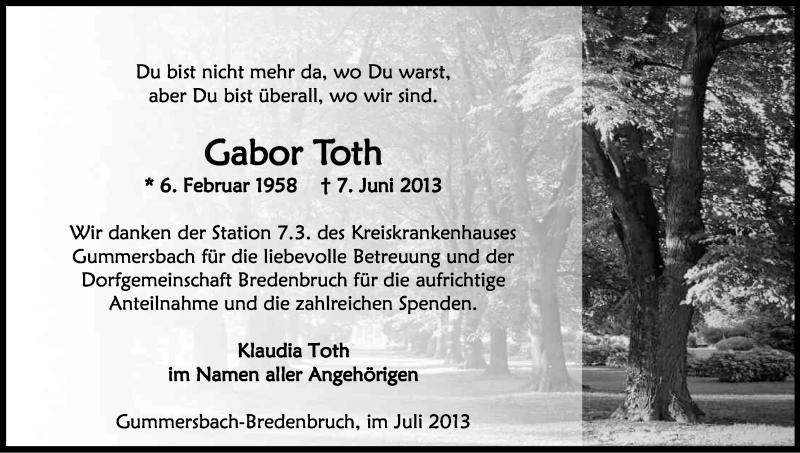  Traueranzeige für Gabor Toth vom 06.07.2013 aus Kölner Stadt-Anzeiger / Kölnische Rundschau / Express