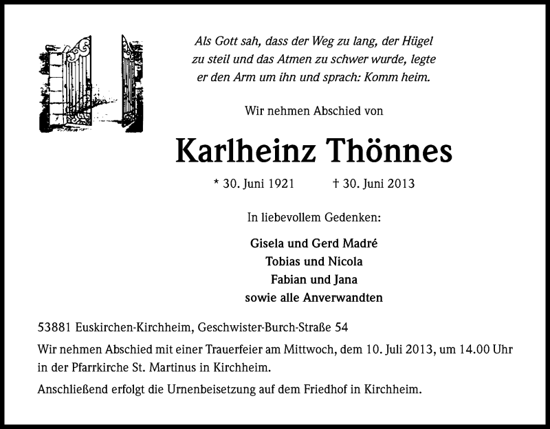  Traueranzeige für Karlheinz Thönnes vom 06.07.2013 aus Kölner Stadt-Anzeiger / Kölnische Rundschau / Express