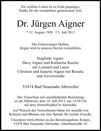 Anzeige von Jürgen Aigner von Kölner Stadt-Anzeiger / Kölnische Rundschau / Express