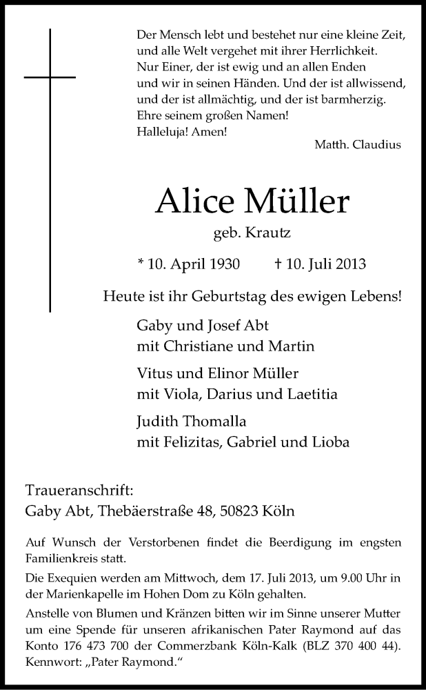  Traueranzeige für Alice Müller vom 15.07.2013 aus Kölner Stadt-Anzeiger / Kölnische Rundschau / Express