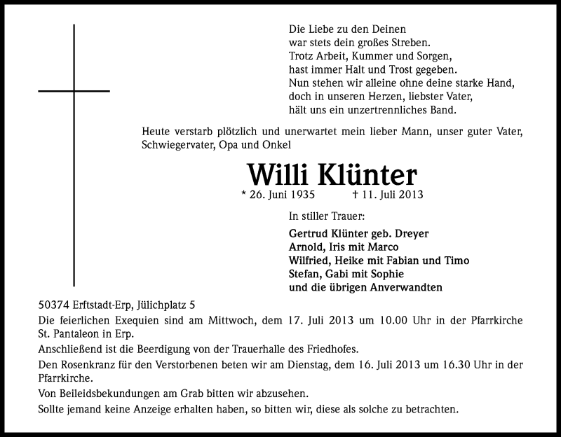  Traueranzeige für Willi Klünter vom 13.07.2013 aus Kölner Stadt-Anzeiger / Kölnische Rundschau / Express