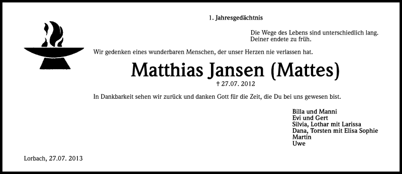  Traueranzeige für Matthias Jansen vom 27.07.2013 aus Kölner Stadt-Anzeiger / Kölnische Rundschau / Express