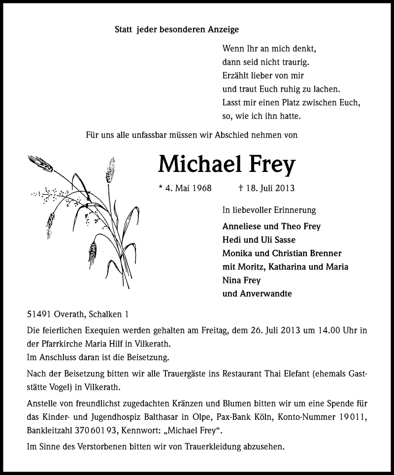  Traueranzeige für Michael Frey vom 24.07.2013 aus Kölner Stadt-Anzeiger / Kölnische Rundschau / Express