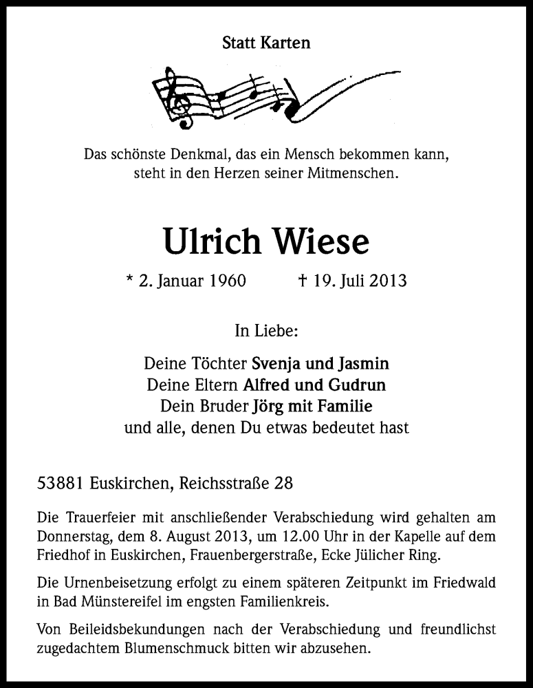  Traueranzeige für Ulrich Wiese vom 24.07.2013 aus Kölner Stadt-Anzeiger / Kölnische Rundschau / Express