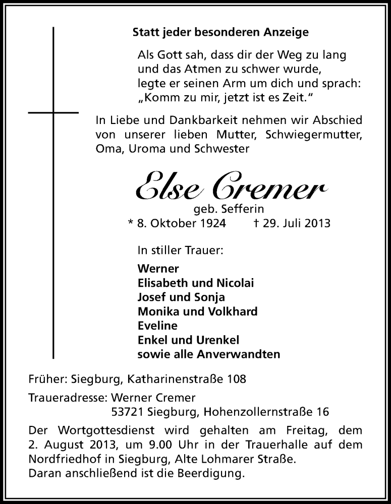  Traueranzeige für Else Cremer vom 31.07.2013 aus Kölner Stadt-Anzeiger / Kölnische Rundschau / Express