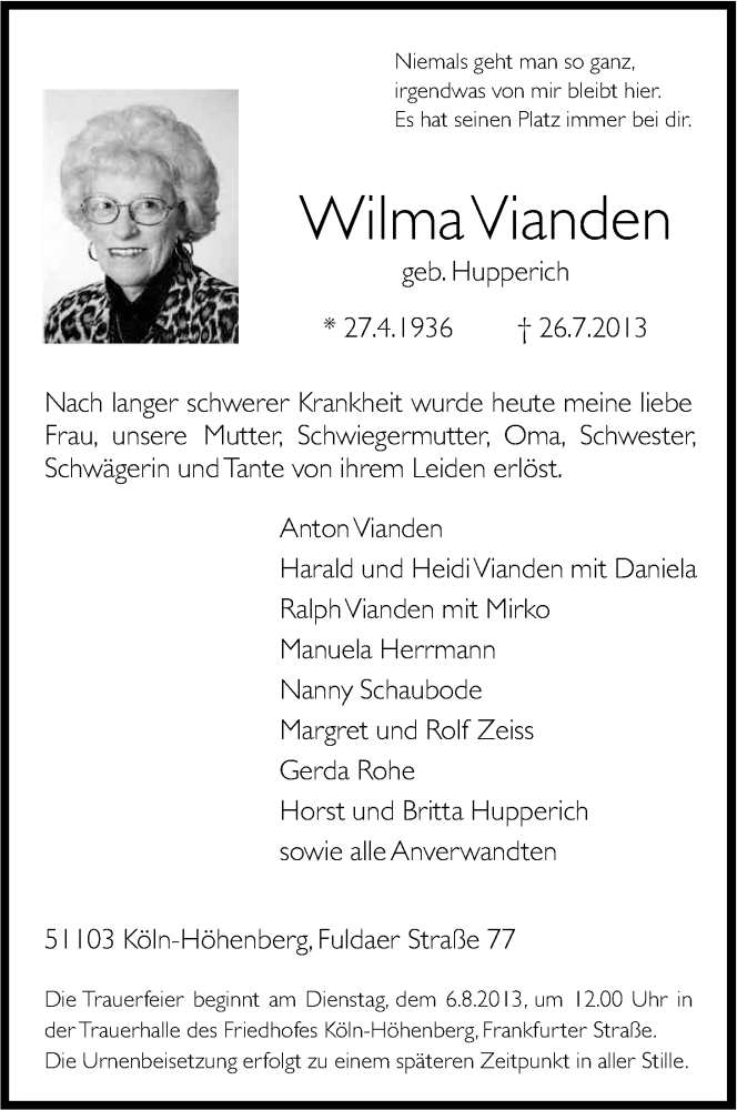  Traueranzeige für Wilma Vianden vom 03.08.2013 aus Kölner Stadt-Anzeiger / Kölnische Rundschau / Express