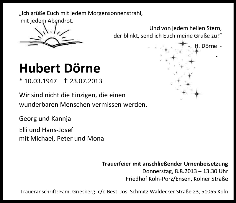  Traueranzeige für Hubert Dörne vom 03.08.2013 aus Kölner Stadt-Anzeiger / Kölnische Rundschau / Express