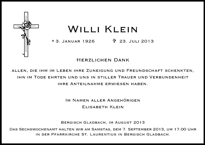  Traueranzeige für Willi Klein vom 13.08.2013 aus Kölner Stadt-Anzeiger / Kölnische Rundschau / Express