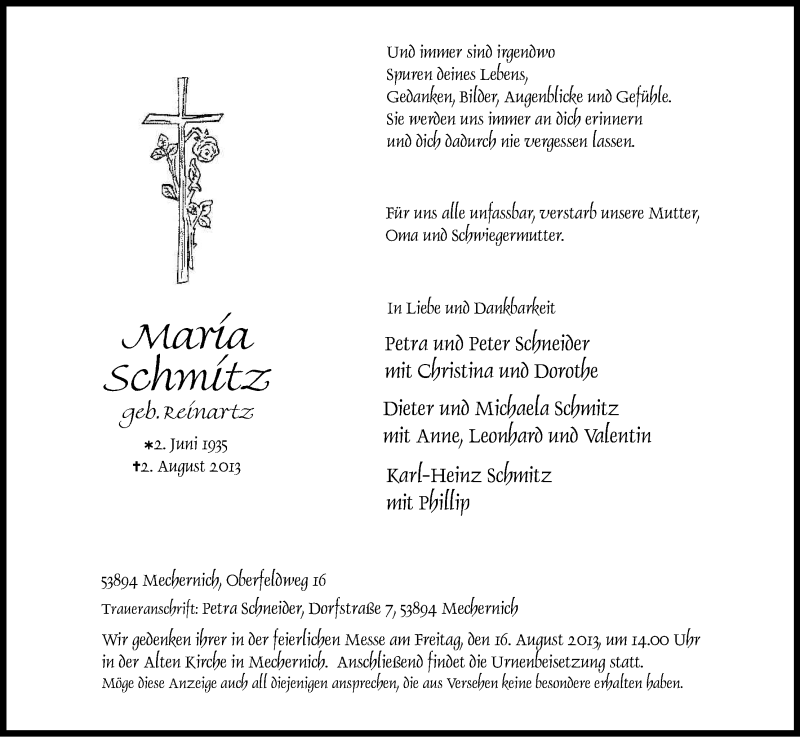  Traueranzeige für Maria Schmitz vom 13.08.2013 aus Kölner Stadt-Anzeiger / Kölnische Rundschau / Express