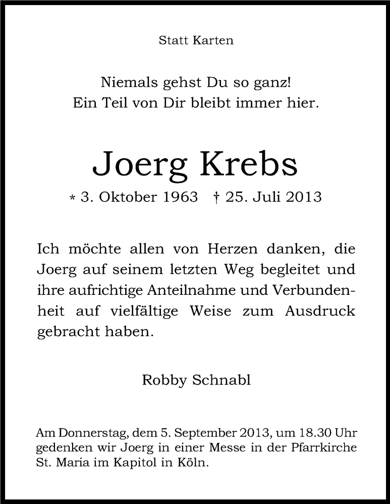  Traueranzeige für Joerg Krebs vom 17.08.2013 aus Kölner Stadt-Anzeiger / Kölnische Rundschau / Express