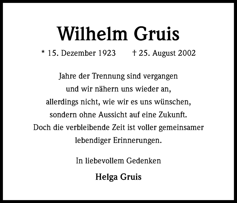  Traueranzeige für Wilhelm Gruis vom 24.08.2013 aus Kölner Stadt-Anzeiger / Kölnische Rundschau / Express