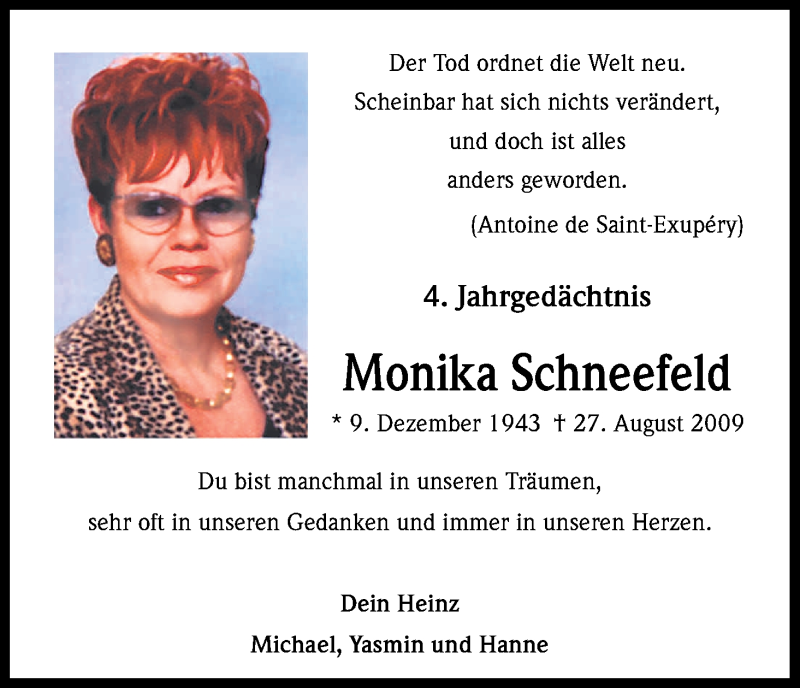  Traueranzeige für Monika Schneefeld vom 27.08.2013 aus Kölner Stadt-Anzeiger / Kölnische Rundschau / Express