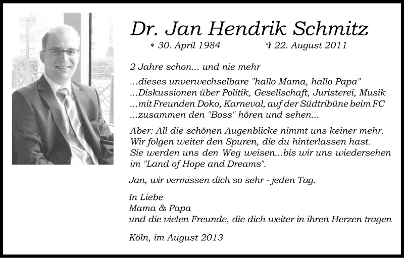  Traueranzeige für Jan Hendrik Schmitz vom 22.08.2013 aus Kölner Stadt-Anzeiger / Kölnische Rundschau / Express