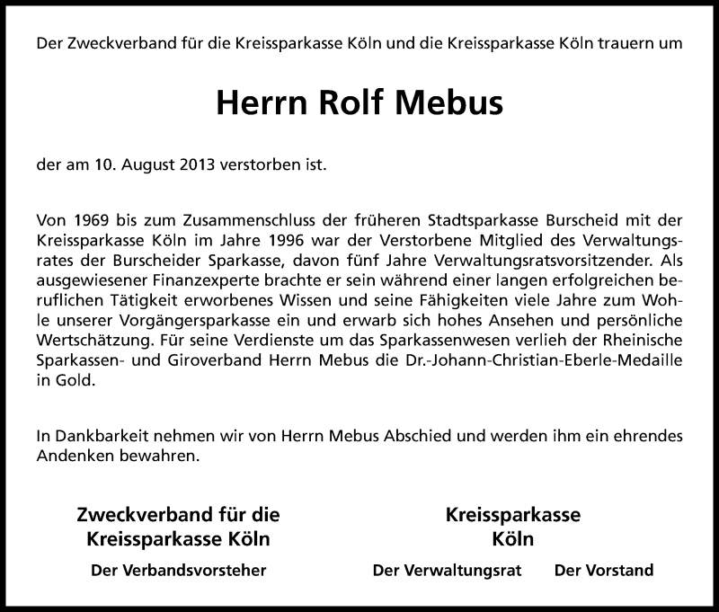  Traueranzeige für Rolf Mebus vom 22.08.2013 aus Kölner Stadt-Anzeiger / Kölnische Rundschau / Express
