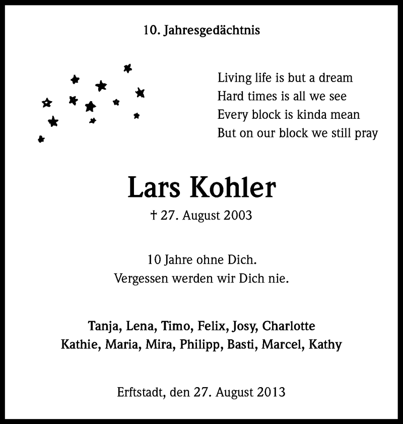  Traueranzeige für Lars Kohler vom 27.08.2013 aus Kölner Stadt-Anzeiger / Kölnische Rundschau / Express