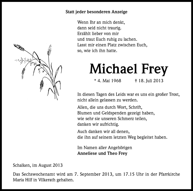  Traueranzeige für Michael Frey vom 31.08.2013 aus Kölner Stadt-Anzeiger / Kölnische Rundschau / Express