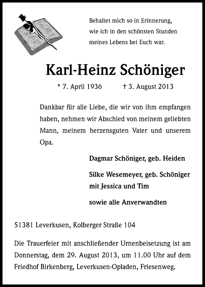  Traueranzeige für Karl-Heinz Schöniger vom 24.08.2013 aus Kölner Stadt-Anzeiger / Kölnische Rundschau / Express