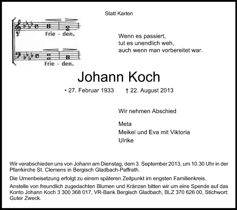  Traueranzeige für Johann Koch vom 28.08.2013 aus Kölner Stadt-Anzeiger / Kölnische Rundschau / Express