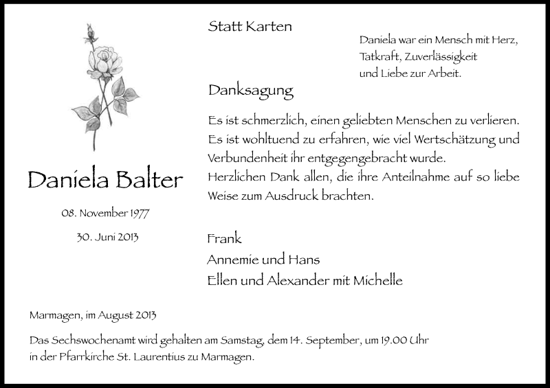  Traueranzeige für Daniela Balter vom 28.08.2013 aus Kölner Stadt-Anzeiger / Kölnische Rundschau / Express