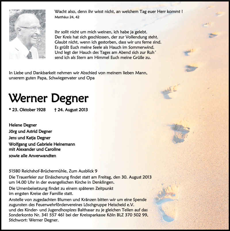  Traueranzeige für Werner Degner vom 28.08.2013 aus Kölner Stadt-Anzeiger / Kölnische Rundschau / Express