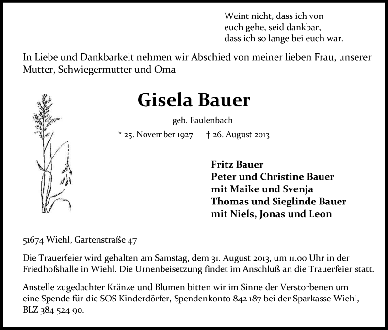  Traueranzeige für Gisela Bauer vom 29.08.2013 aus Kölner Stadt-Anzeiger / Kölnische Rundschau / Express