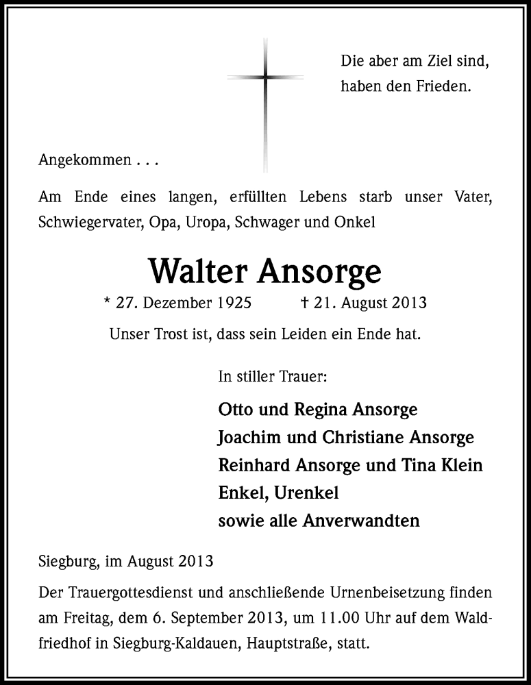  Traueranzeige für Walter Ansorge vom 31.08.2013 aus Kölner Stadt-Anzeiger / Kölnische Rundschau / Express
