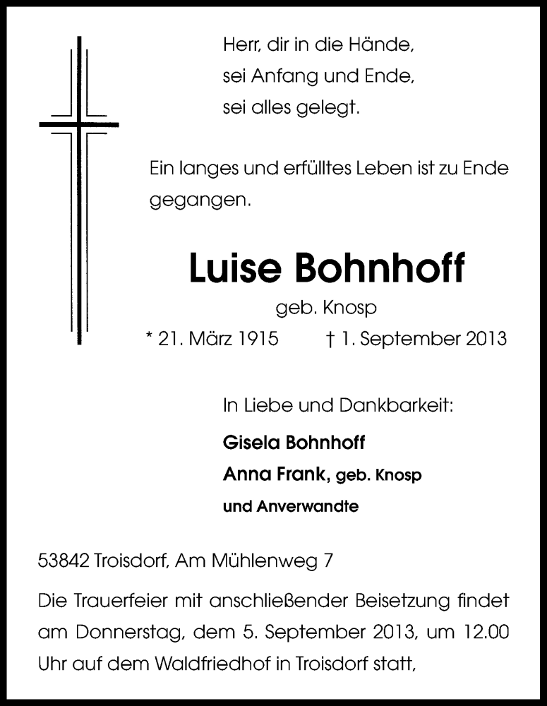  Traueranzeige für Luise Bohnhoff vom 04.09.2013 aus Kölner Stadt-Anzeiger / Kölnische Rundschau / Express