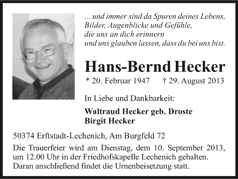  Traueranzeige für Hans-Bernd Hecker vom 07.09.2013 aus Kölner Stadt-Anzeiger / Kölnische Rundschau / Express