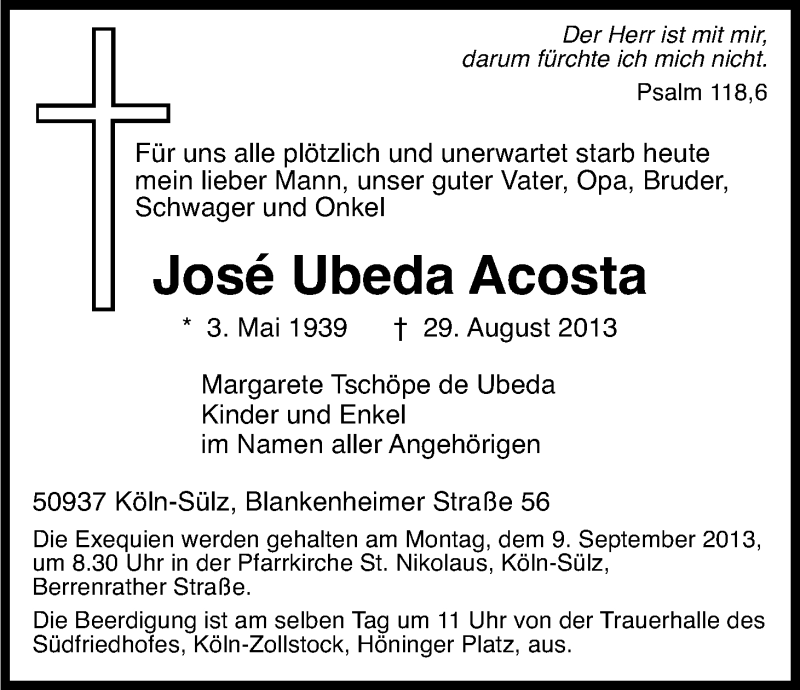  Traueranzeige für José Ubeda Acosta vom 05.09.2013 aus Kölner Stadt-Anzeiger / Kölnische Rundschau / Express