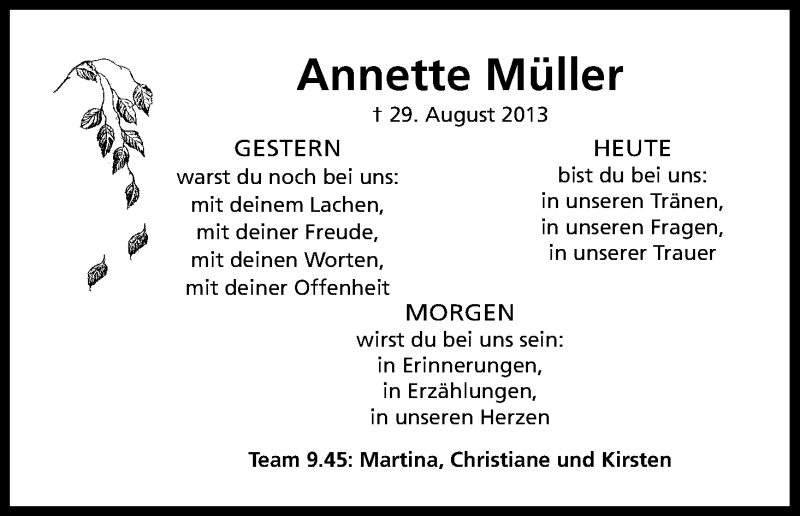  Traueranzeige für Annette Müller vom 07.09.2013 aus Kölner Stadt-Anzeiger / Kölnische Rundschau / Express