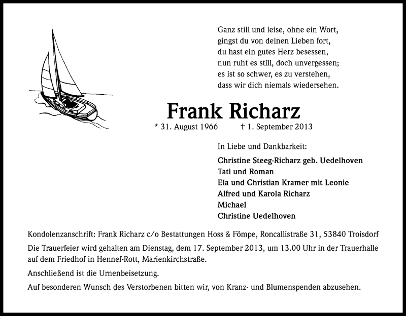  Traueranzeige für Frank Richarz vom 07.09.2013 aus Kölner Stadt-Anzeiger / Kölnische Rundschau / Express