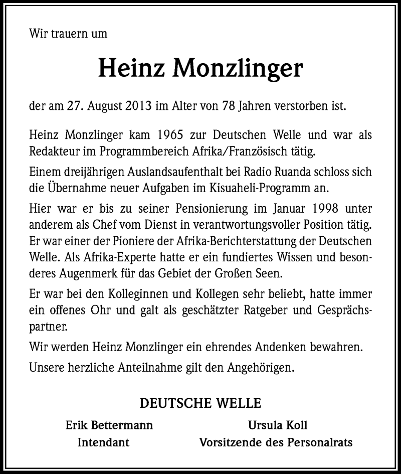  Traueranzeige für Heinz Monzlinger vom 11.09.2013 aus Kölner Stadt-Anzeiger / Kölnische Rundschau / Express